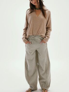 Free People Ivory Striped Something Good Pull-On Barrel Pants (Size XS)